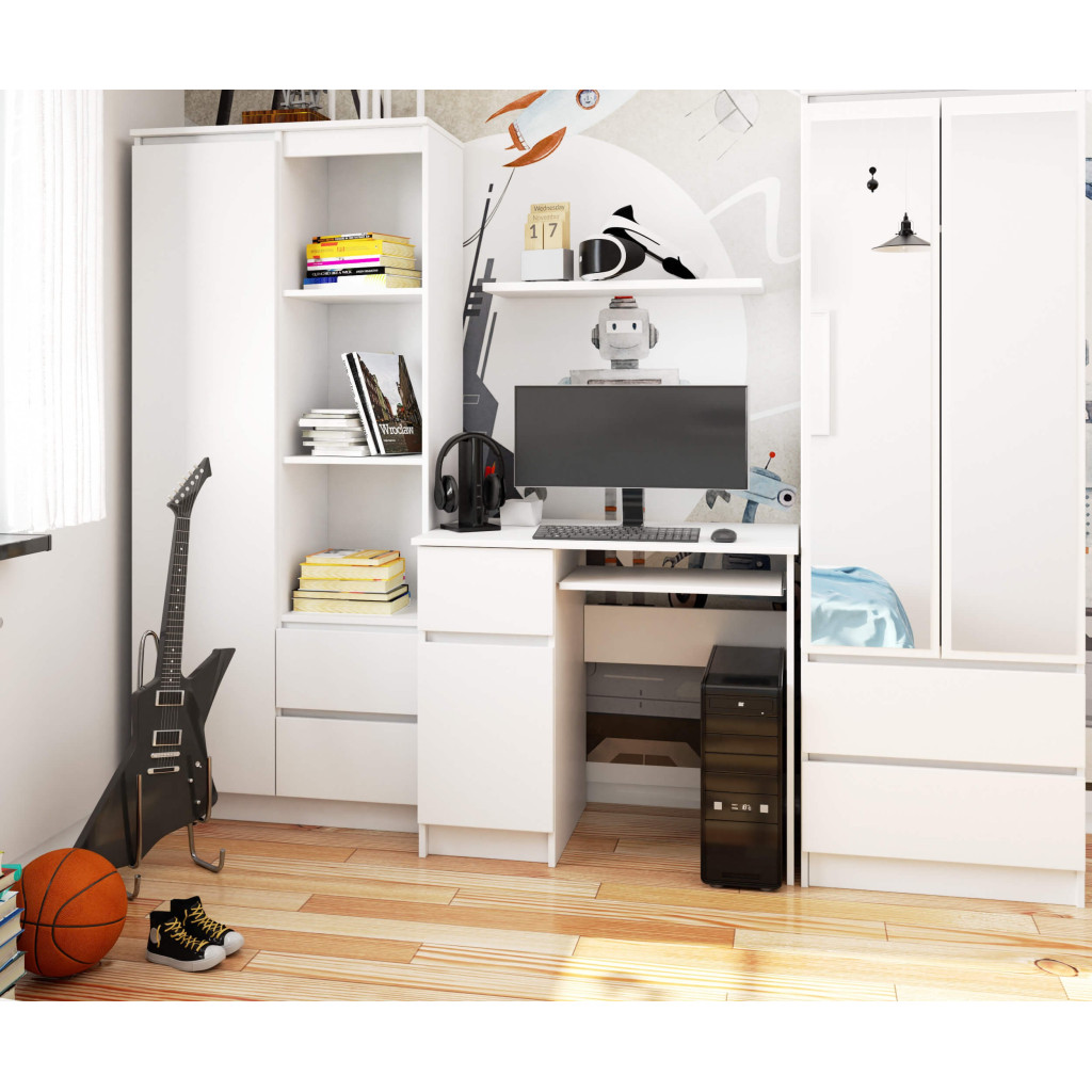 Birou computer PIKSEL, cu sertar, dulap si raft pentru tastatura, stanga, 90x50x77 cm, alb Household NewTrend