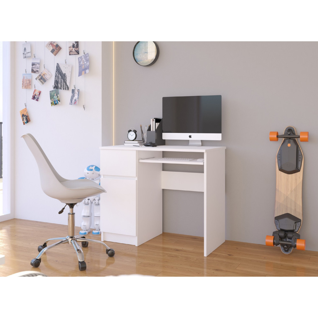 Birou computer PIKSEL, cu sertar, dulap si raft pentru tastatura, stanga, 90x50x77 cm, alb Household NewTrend