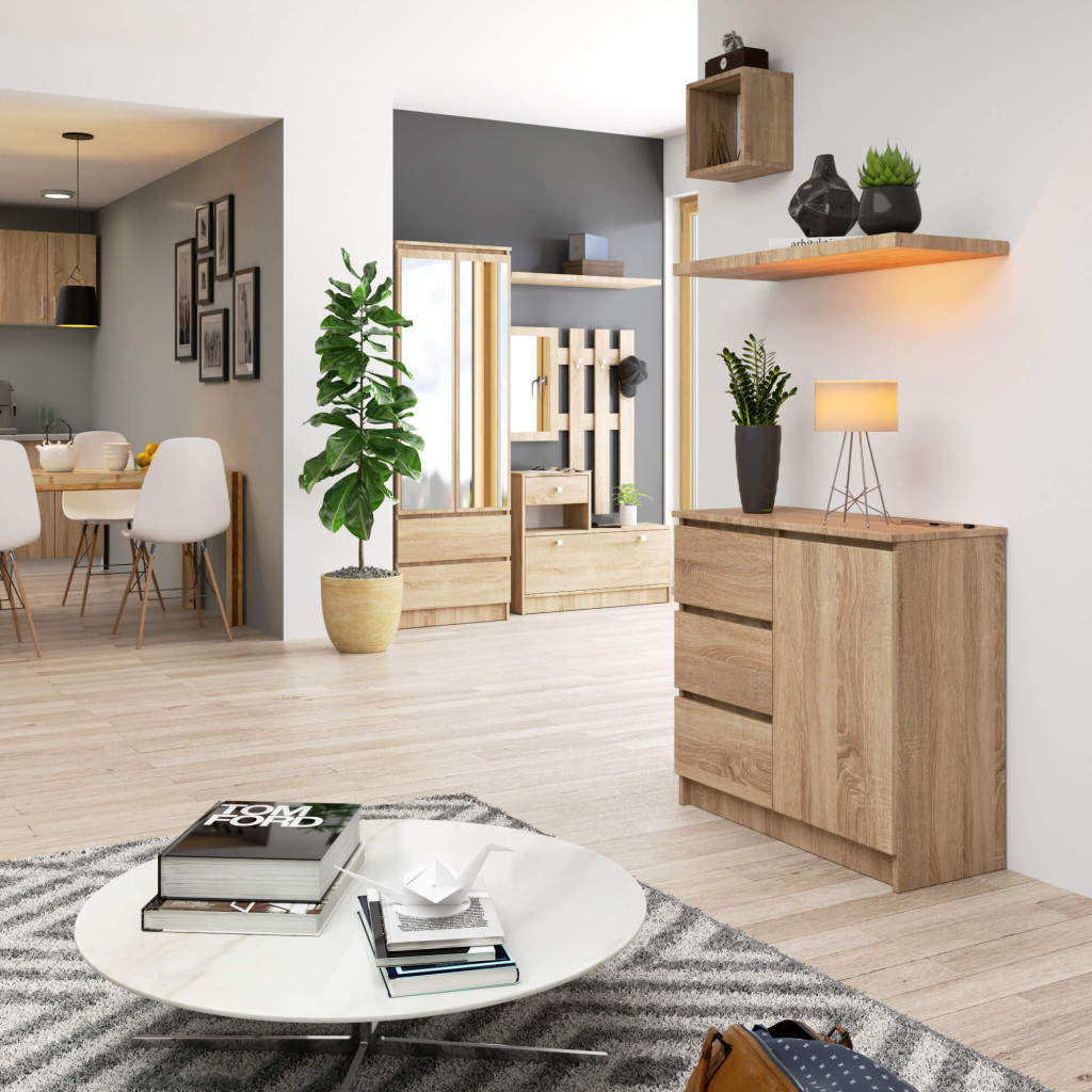 Comoda JERRY cu 3 sertare si dulap cu rafturi, PAL laminat, 80x35x77 cm, stejar sonoma Household NewTrend