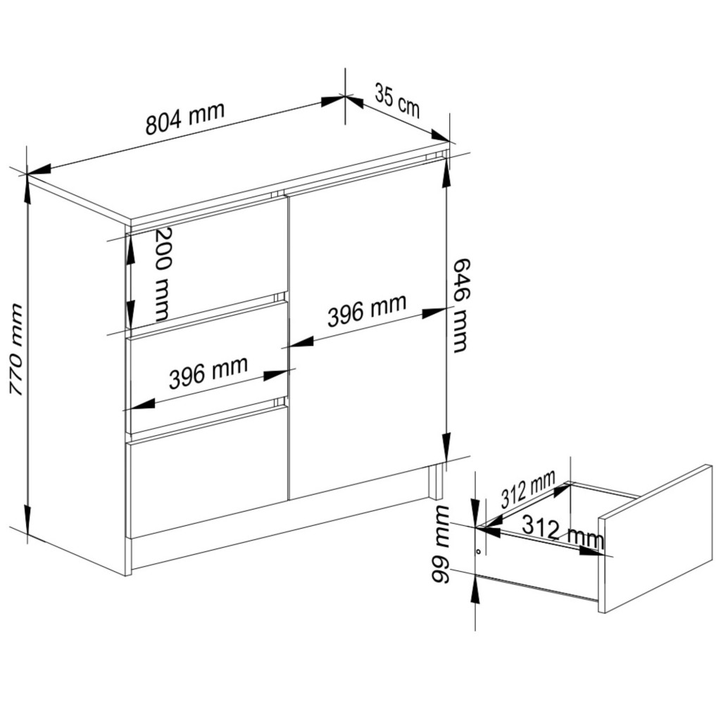 Comoda JERRY cu 3 sertare si dulap cu rafturi, PAL laminat, 80x35x77 cm, stejar sonoma Household NewTrend