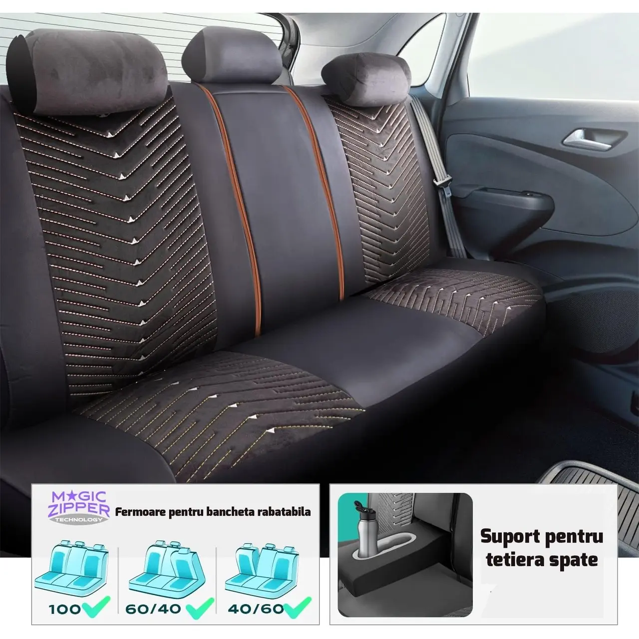 Set Huse Scaune Auto Panda Dubai, material textil cu piele ecologica, cu fermoare pentru bancheta rabatabila, negru maro, 11 piese Automobile ProTravel