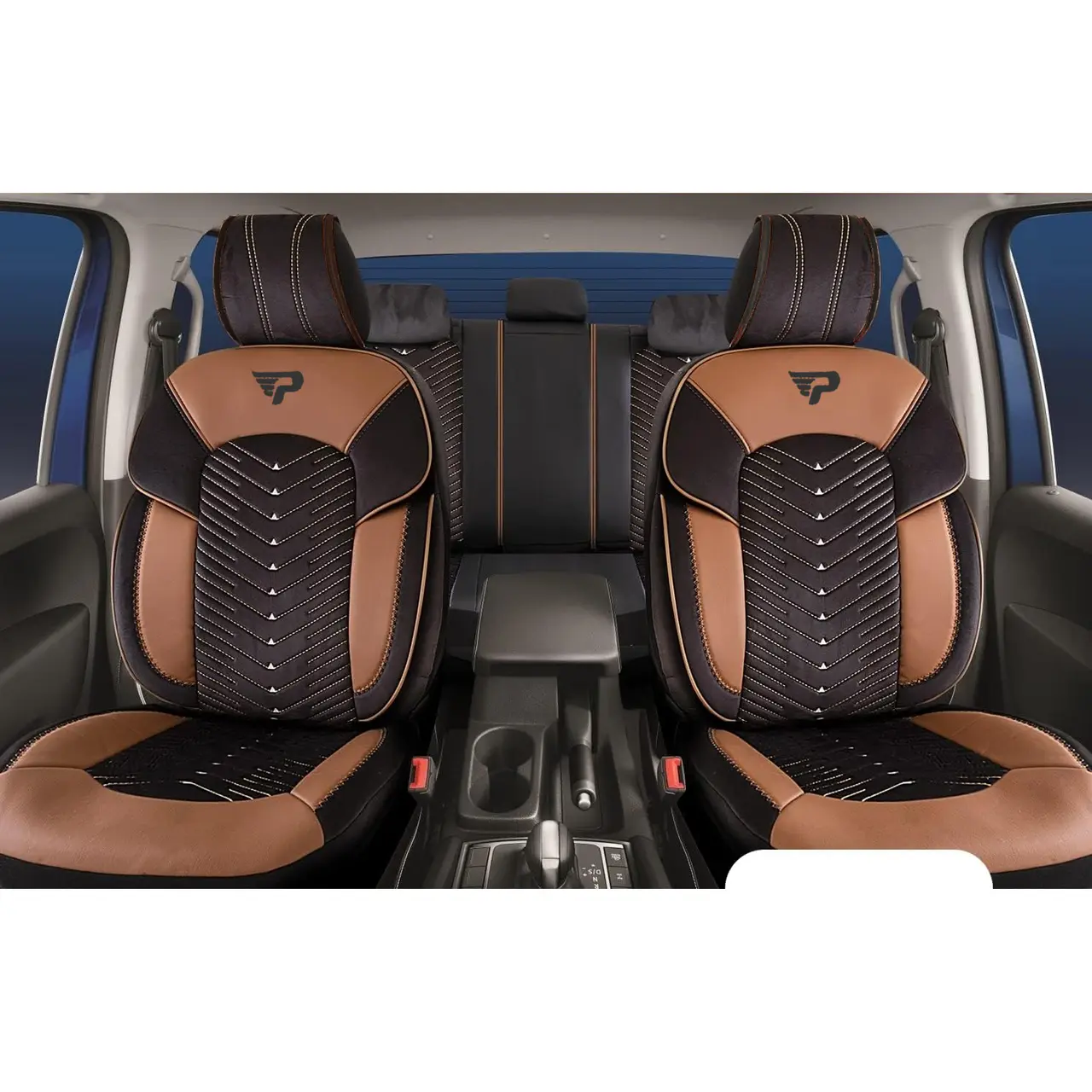 Set Huse Scaune Auto Panda Dubai, material textil cu piele ecologica, cu fermoare pentru bancheta rabatabila, negru maro, 11 piese Automobile ProTravel