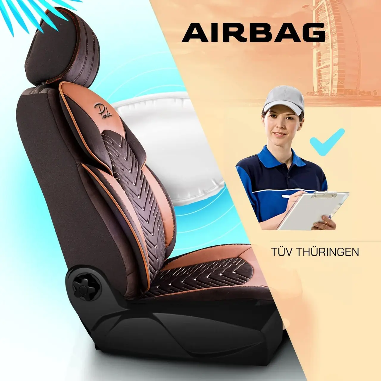 Set Huse Scaune Auto Panda Dubai, material textil cu piele ecologica, cu fermoare pentru bancheta rabatabila, negru maro, 11 piese Automobile ProTravel