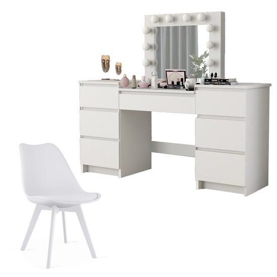 Set masa de toaleta/machiaj Antonia + scaun Mark, alb, cu oglinda si LED-uri, 155x42x135 cm GartenVIP DiyLine