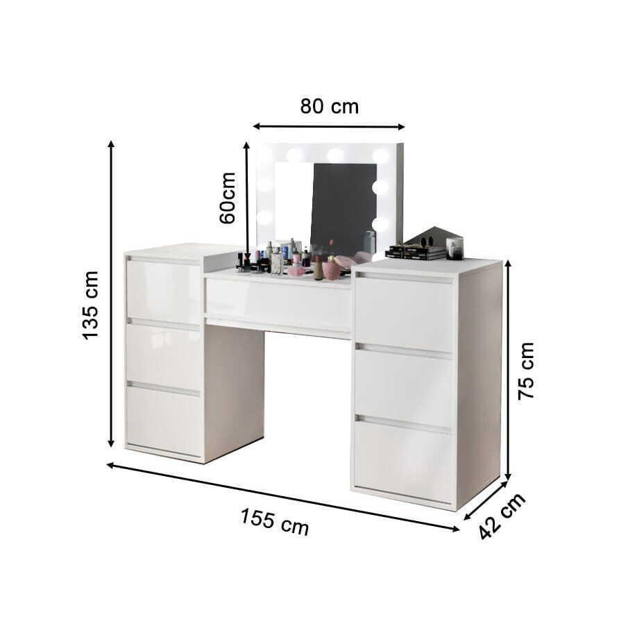 Set masa de toaleta/machiaj Antonia + scaun Mark, alb, cu oglinda si LED-uri, 155x42x135 cm GartenVIP DiyLine