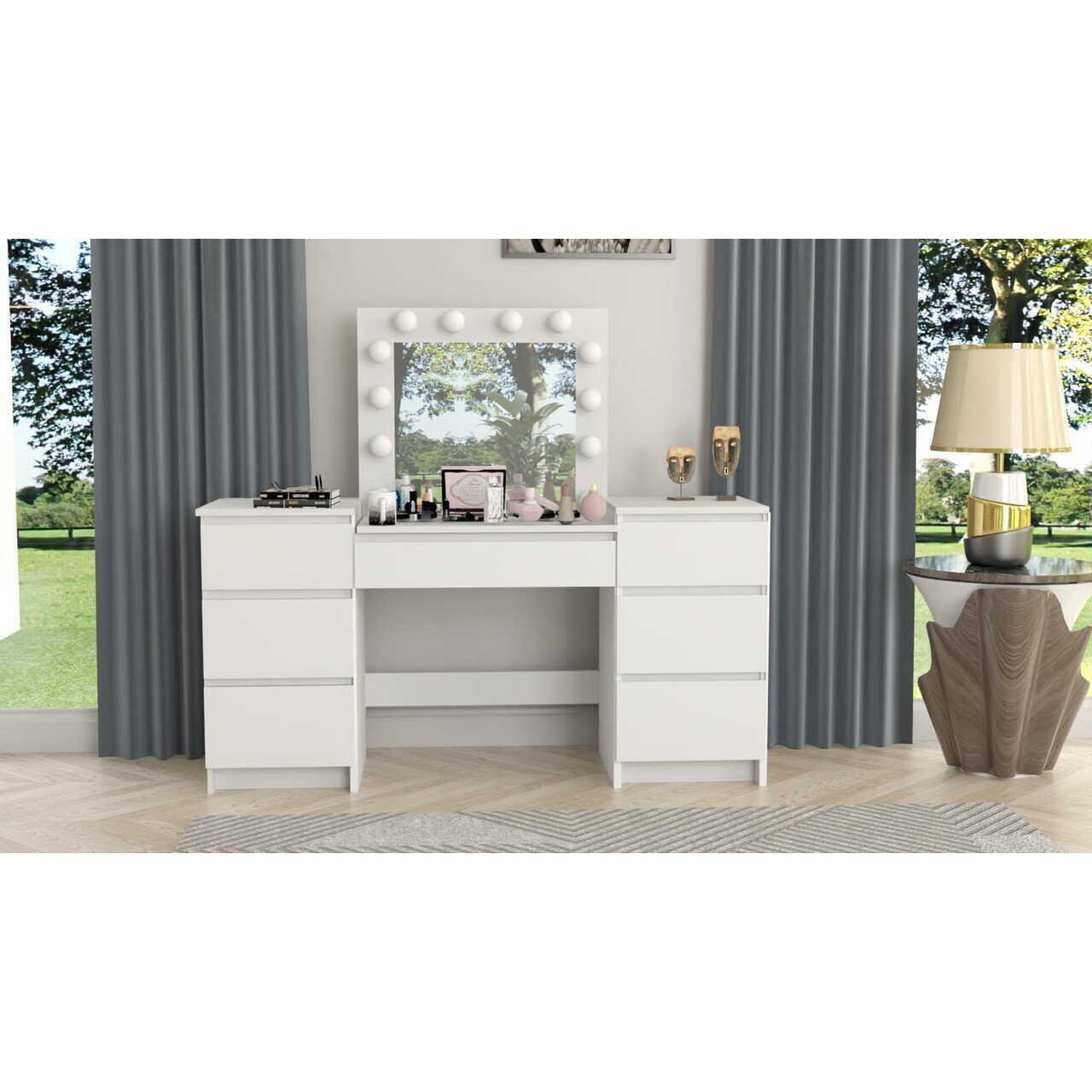 Set masa de toaleta/machiaj Antonia + scaun Mark, alb, cu oglinda si LED-uri, 155x42x135 cm GartenVIP DiyLine