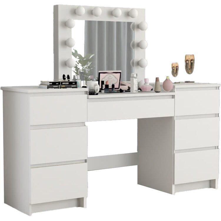 Set masa de toaleta/machiaj Antonia + scaun Mark, alb, cu oglinda si LED-uri, 155x42x135 cm GartenVIP DiyLine