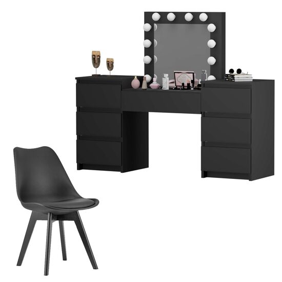 Set masa de toaleta/machiaj Antonia + scaun Mark, negru, cu oglinda si LED-uri, 155x42x135 cm GartenVIP DiyLine