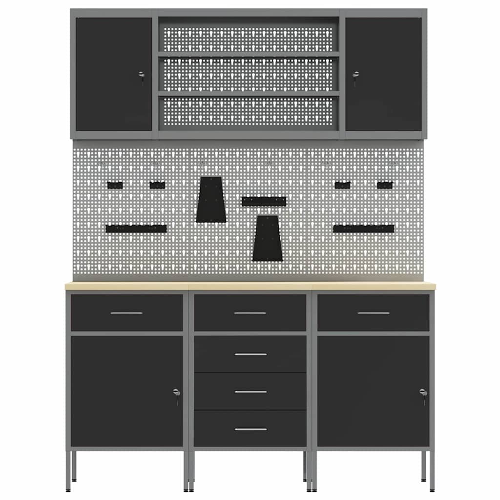 Banc de lucru cu sertar 7 pcs Negru 150 x 55 x 200 cm Oțel GartenMobel Dekor