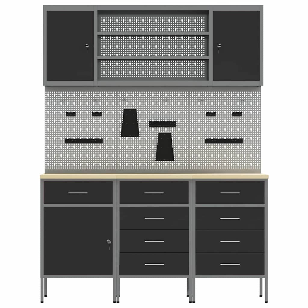 Banc de lucru cu sertar 7 pcs Negru 150 x 55 x 200 cm Oțel GartenMobel Dekor