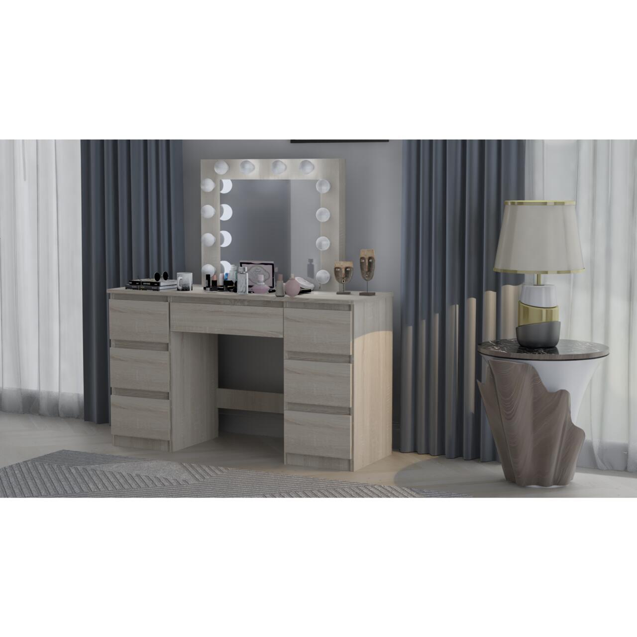 Set masa de toaleta/machiaj Vanessa + scaun Mark, stejar, cu oglinda si LED-uri, 130x43x143 cm GartenVIP DiyLine