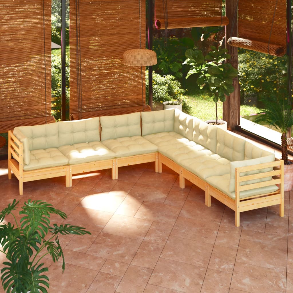 Set mobilier grădină cu perne crem, 7 piese, lemn masiv pin GartenMobel Dekor