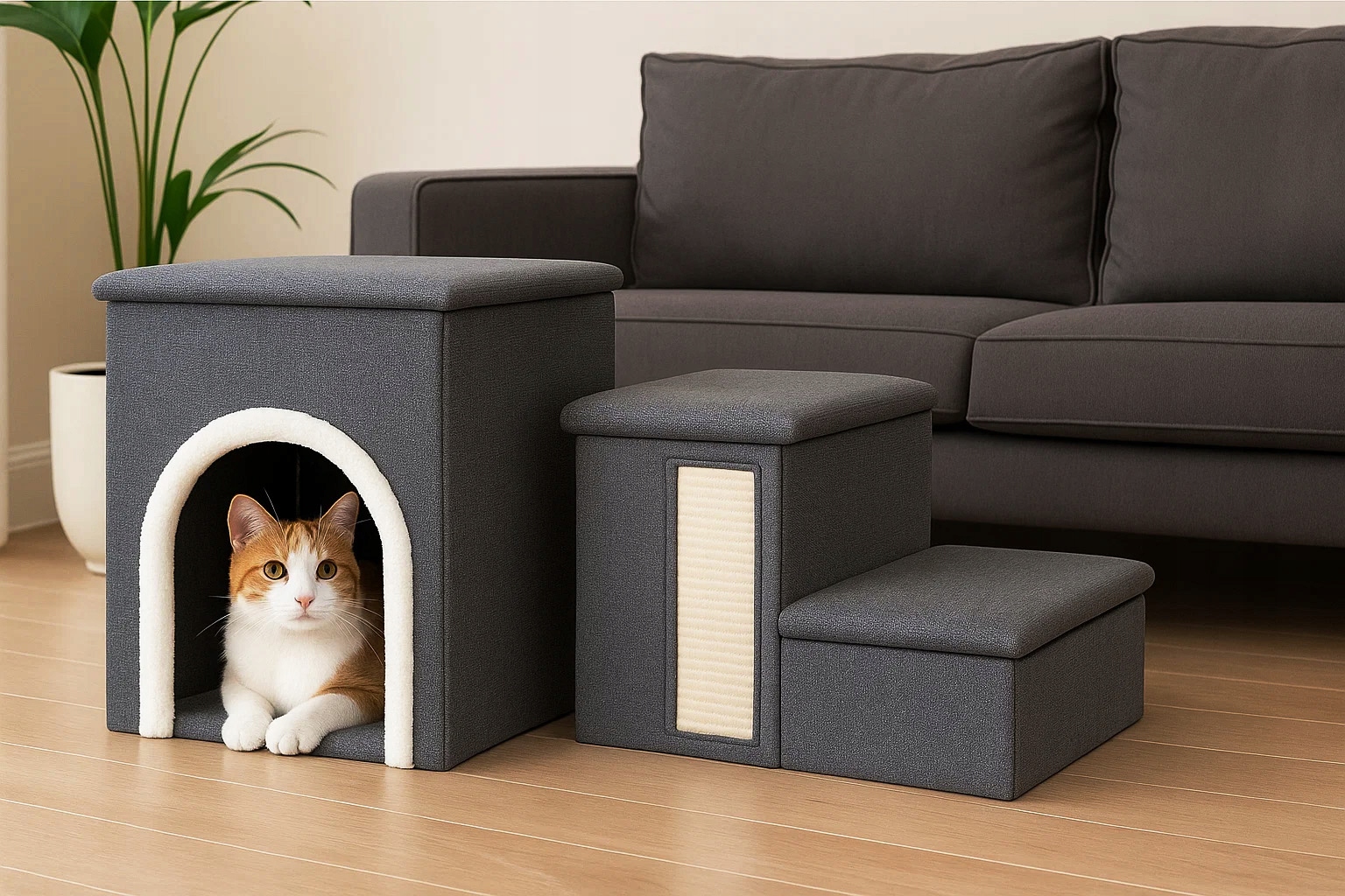 Ansamblu de zgariat pentru pisici 3in1 cu trepte, casuta si panou sisal, 33x76x42 cm, gri Household NewTrend