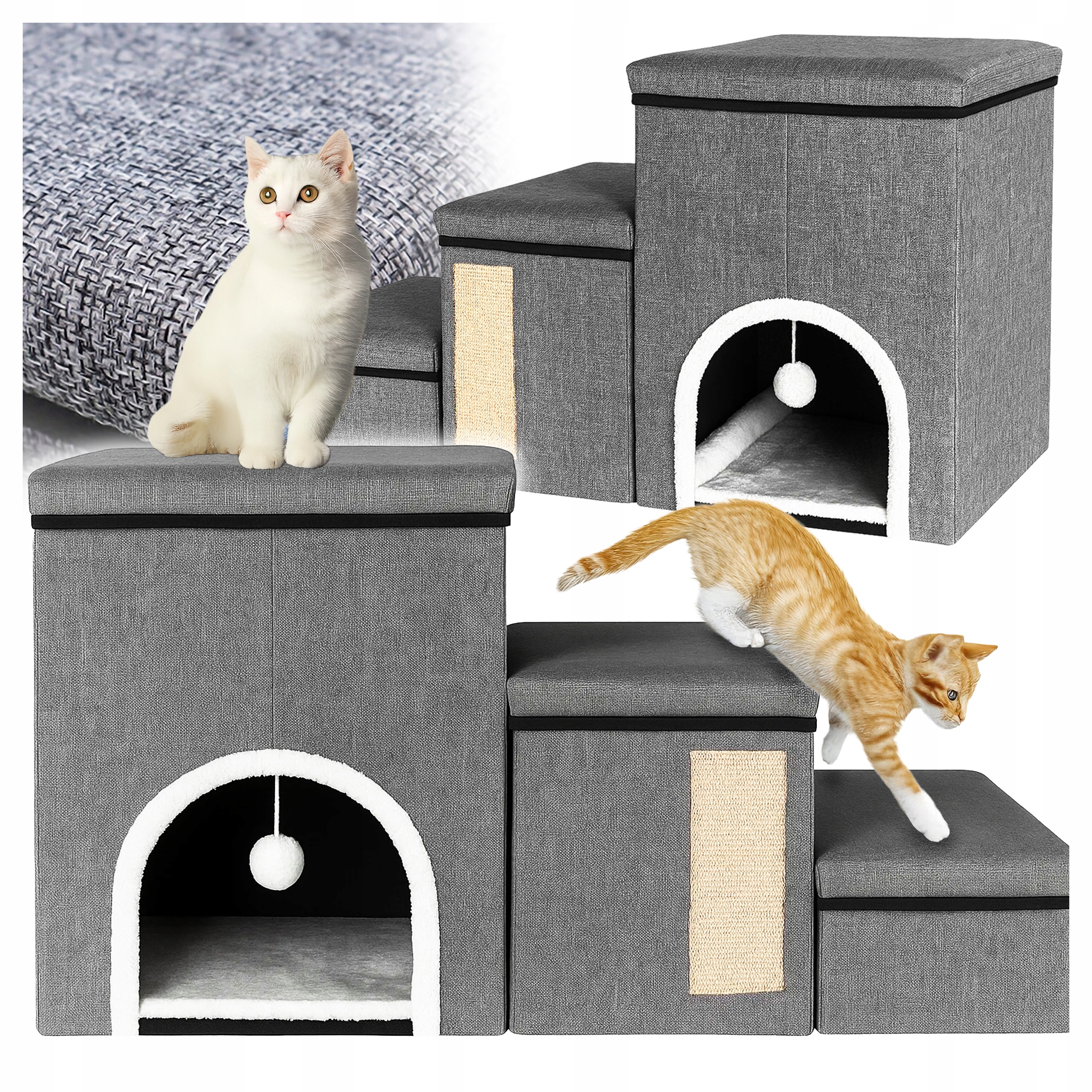 Ansamblu de zgariat pentru pisici 3in1 cu trepte, casuta si panou sisal, 33x76x42 cm, gri Household NewTrend