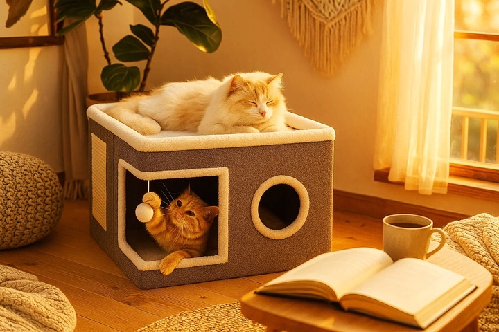 Ansamblu de zgariat pentru pisici cu casuta si pat superior, cu jucarie, 42x42x30 cm Household NewTrend