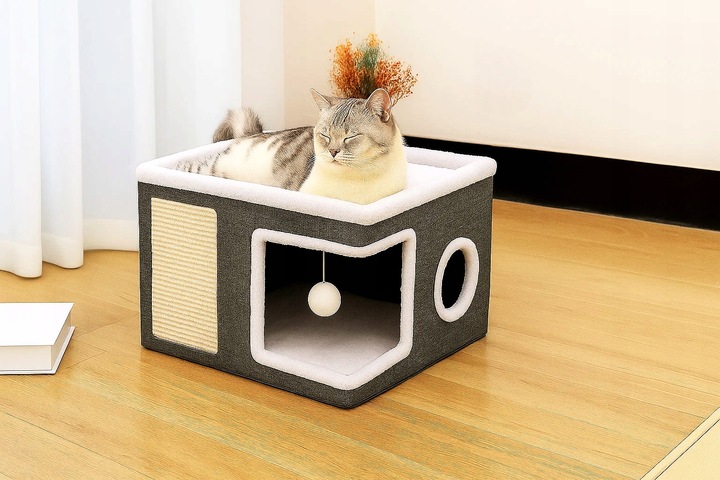 Ansamblu de zgariat pentru pisici cu casuta si pat superior, cu jucarie, 42x42x30 cm Household NewTrend