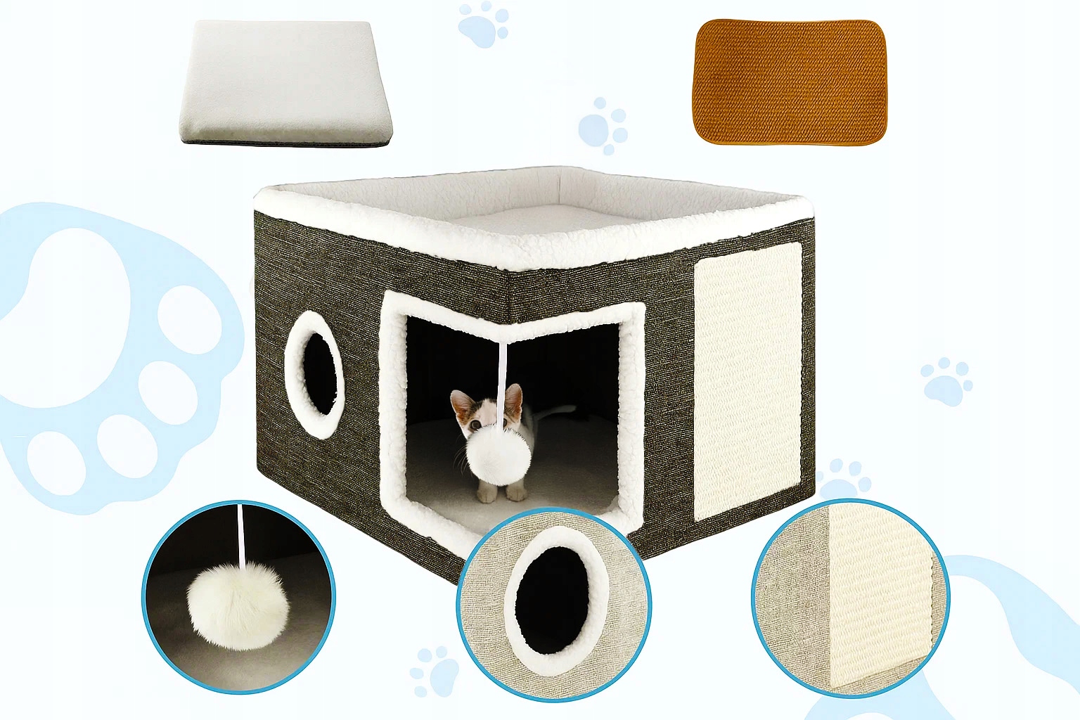 Ansamblu de zgariat pentru pisici cu casuta si pat superior, cu jucarie, 42x42x30 cm Household NewTrend