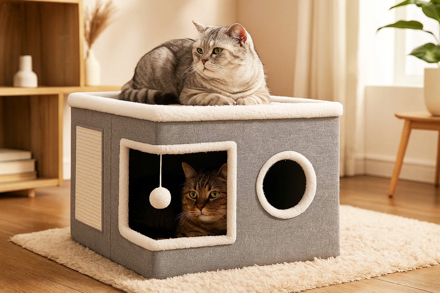 Ansamblu de zgariat pentru pisici cu casuta si pat superior, cu jucarie, 42x42x30 cm Household NewTrend