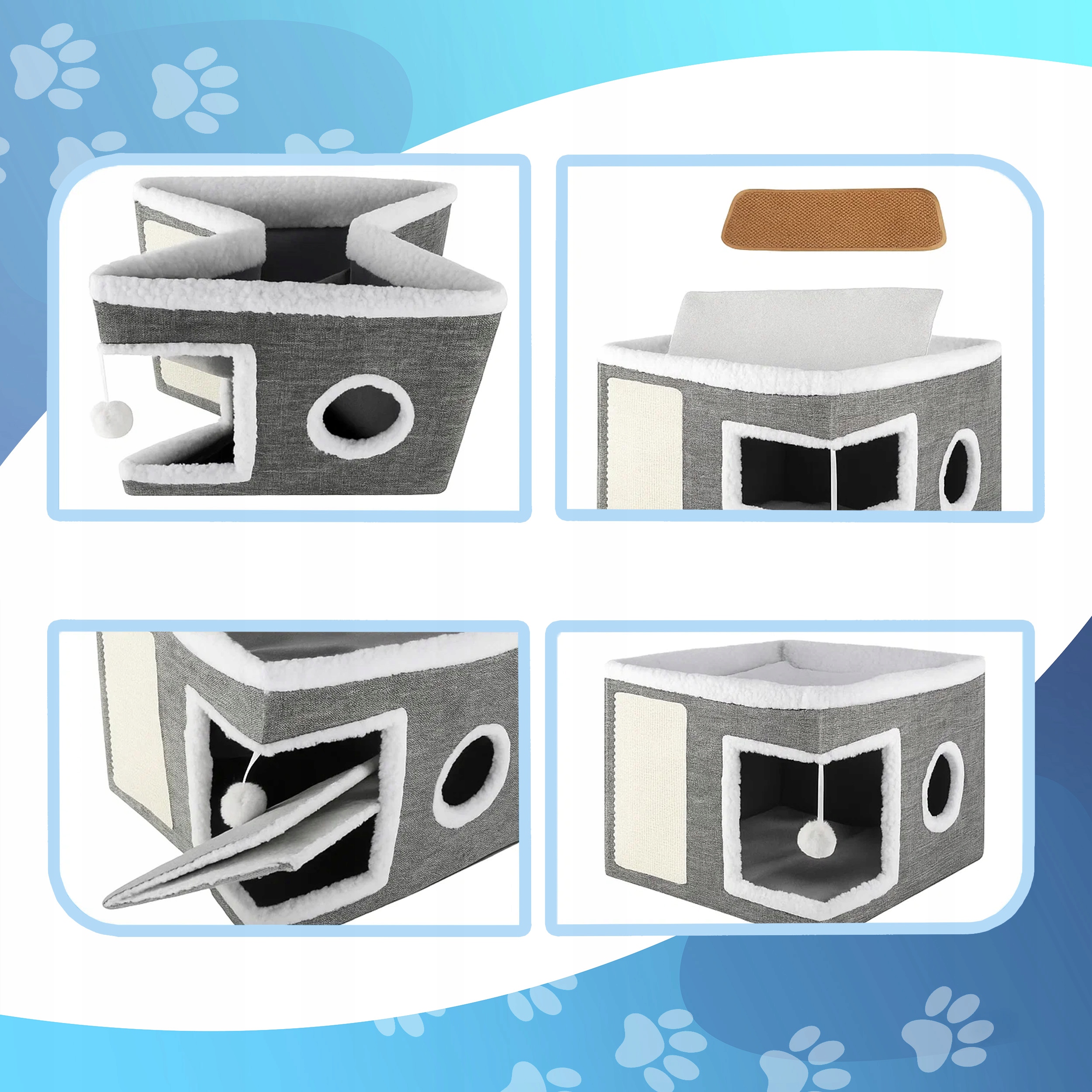 Ansamblu de zgariat pentru pisici cu casuta si pat superior, cu jucarie, 42x42x30 cm Household NewTrend