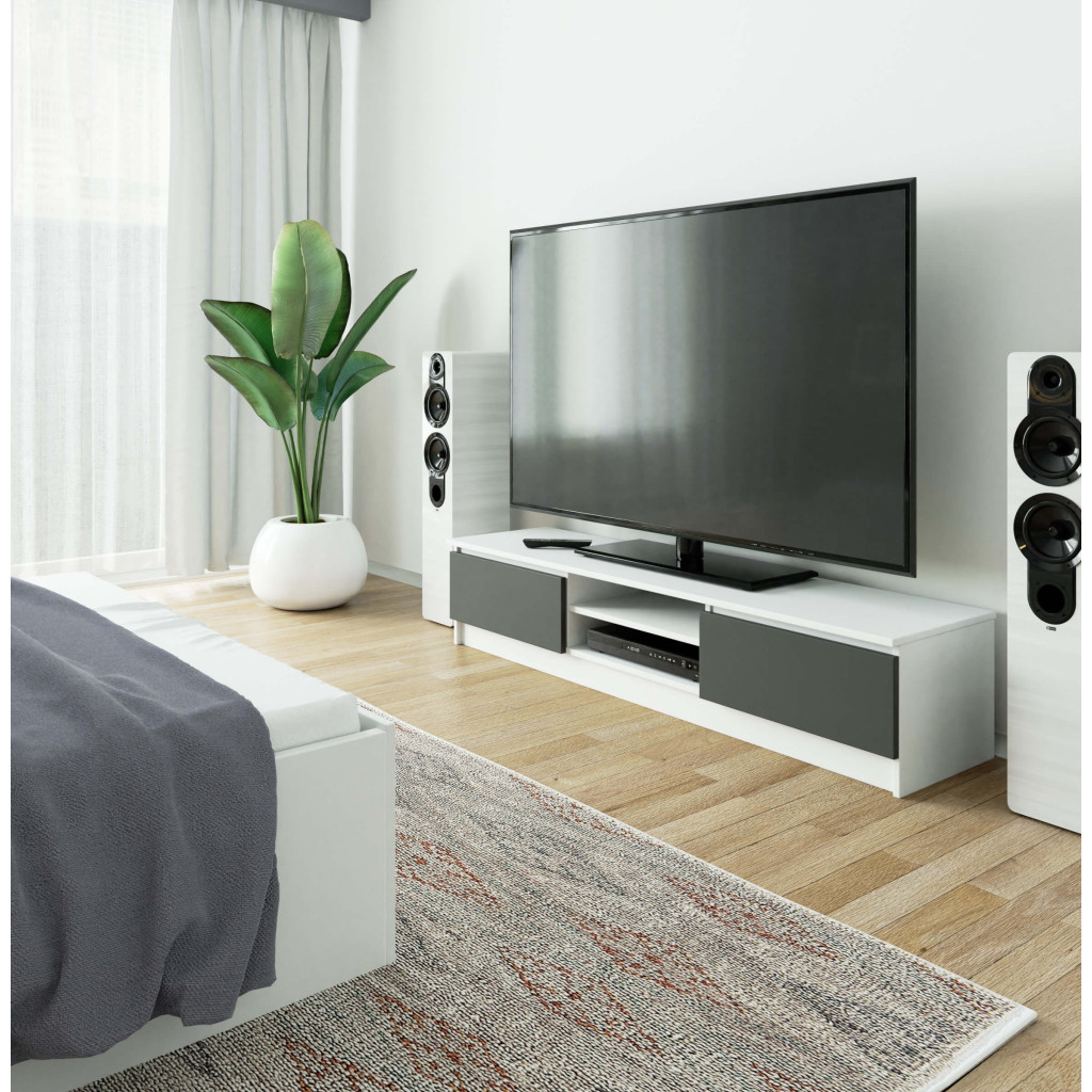 Comoda TV cu 2 usi si rafturi centrale, PAL laminat, 160x40x33 cm, alb si gri Household NewTrend