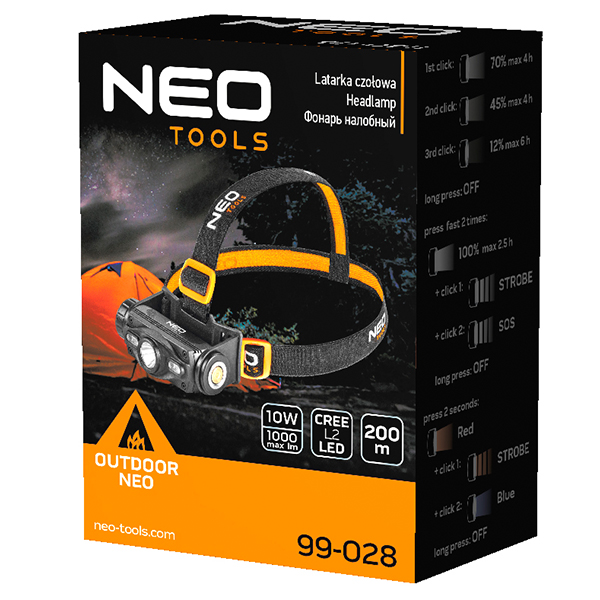 Lanterna frontala LED CREE L2 rosu/albastru 1000lm USB NEO TOOLS 99-028 HardWork ToolsRange
