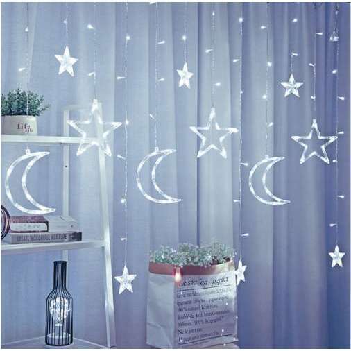 Instalatie luminoasa tip perdea, model stea si luna, alb rece, 8 moduri iluminare, interior-exterior, IP44, 138 LED, 2.5 m GartenVIP DiyLine