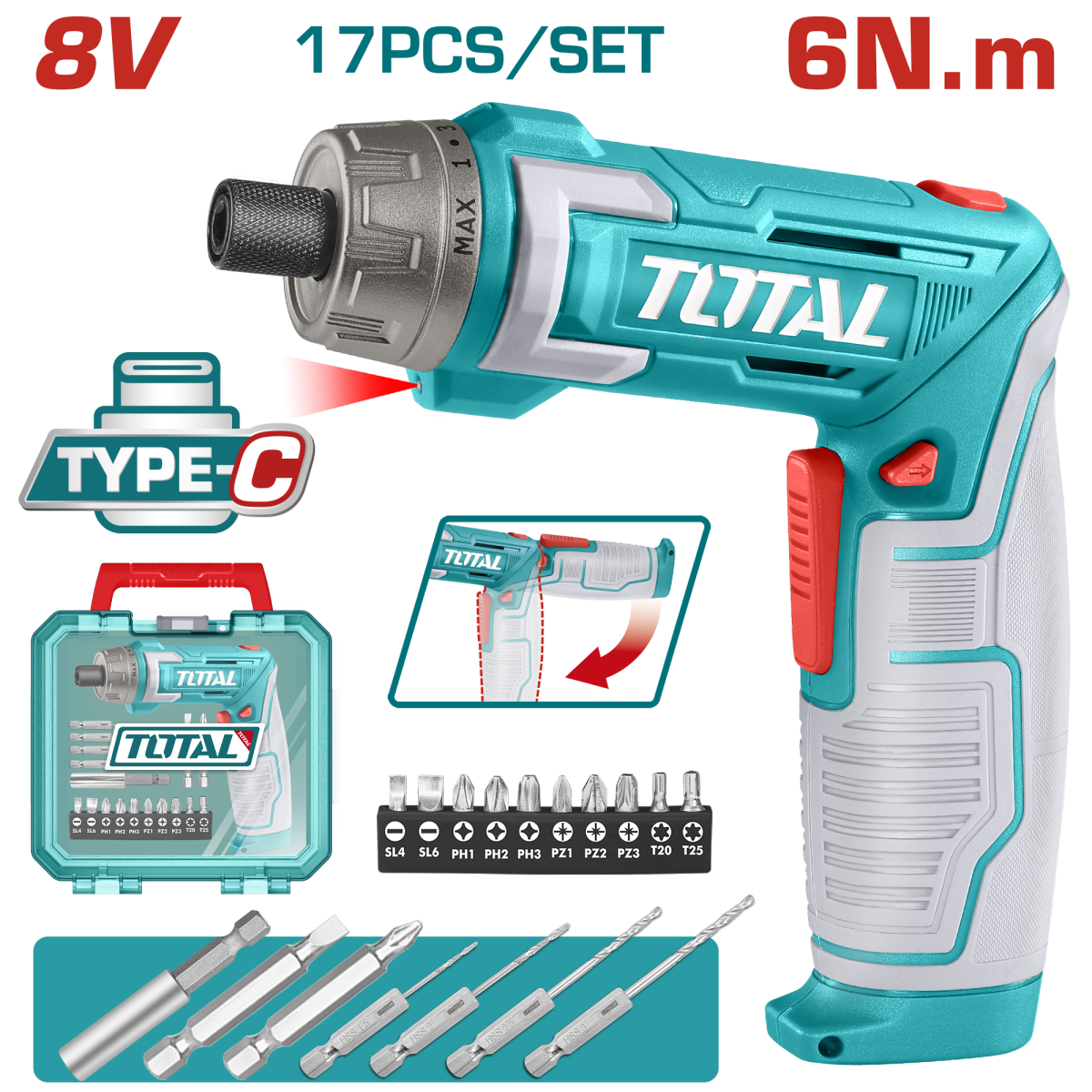 TOTAL - SURUBELNITA 8V LI-ION +ACCESORII, INCARCARE USB PowerTool TopQuality