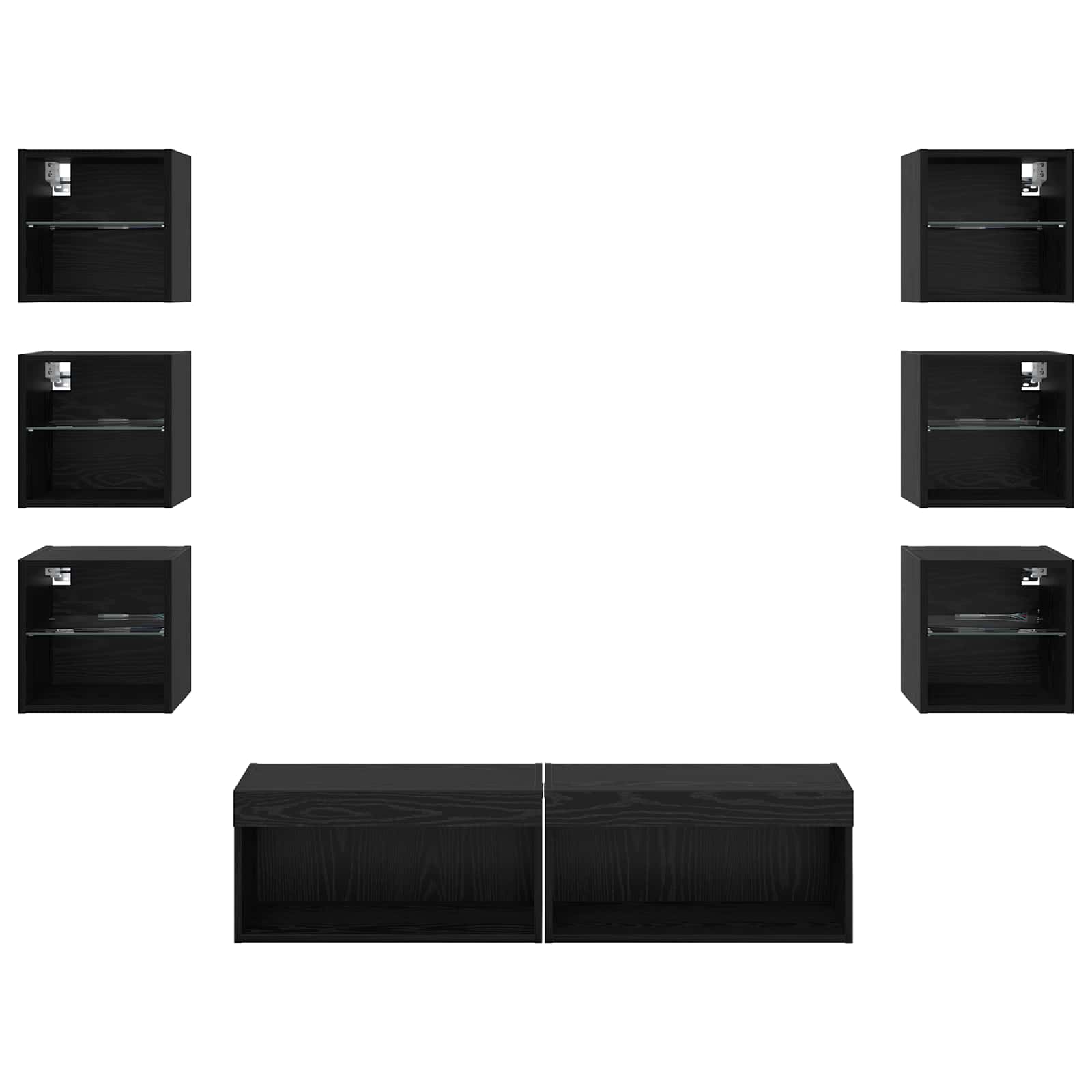 Cabinet TV cu lumini cu bandă LED 8 pcs Stejar Negru Sticlă GartenMobel Dekor