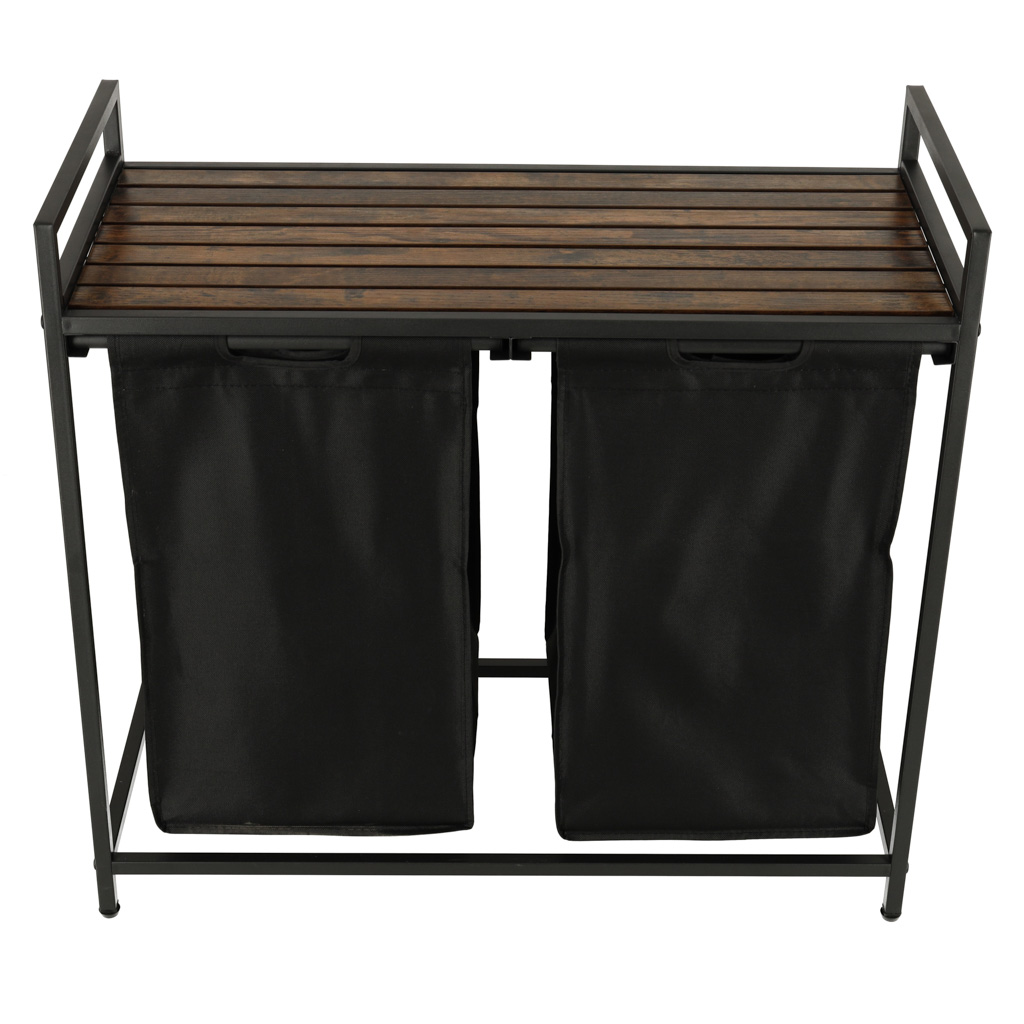 Cos mare de rufe cu doua compartimente, cu raft si blat din lemn, model LOFT, culoare neagra FAVLine Selection