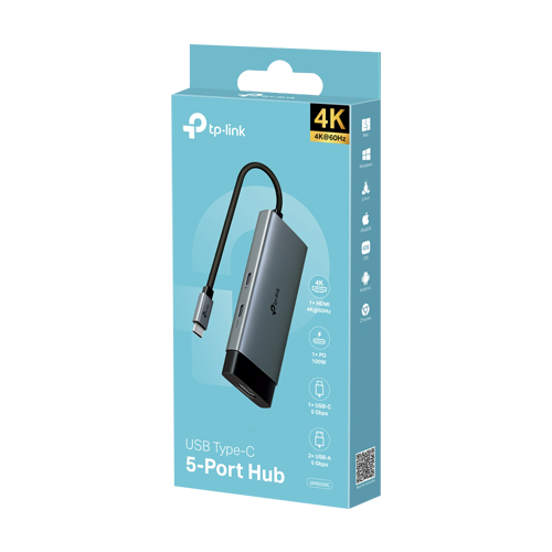 Hub USB-C 5-in-1, 1 x USB-C PD 100W, 1 x USB-C 5Gbps, 2 x USB-A 5Gbps, 1 x HDMI 4K@60Hz - TP-Link UH5020C SafetyGuard Surveillance
