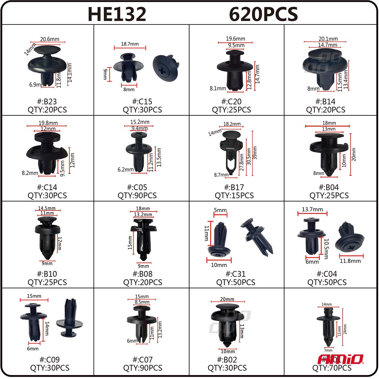 Set cleme - clipsuri reconditionare auto, 620 piese, diferite modele FAVLine Selection