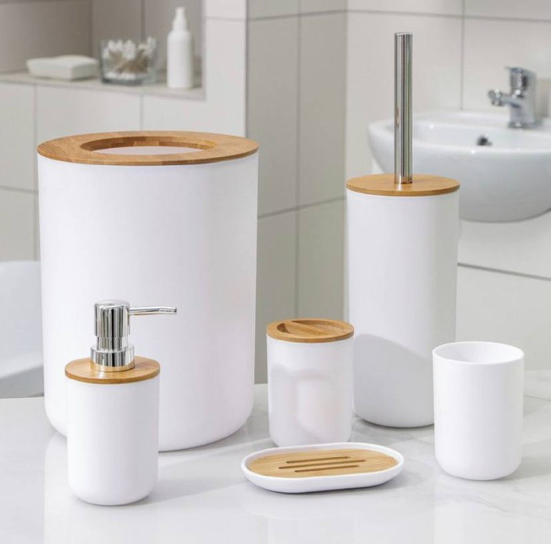 Set Elegant pentru baie format din 6 piese, ABS + lemn, culoare alb/maro FAVLine Selection