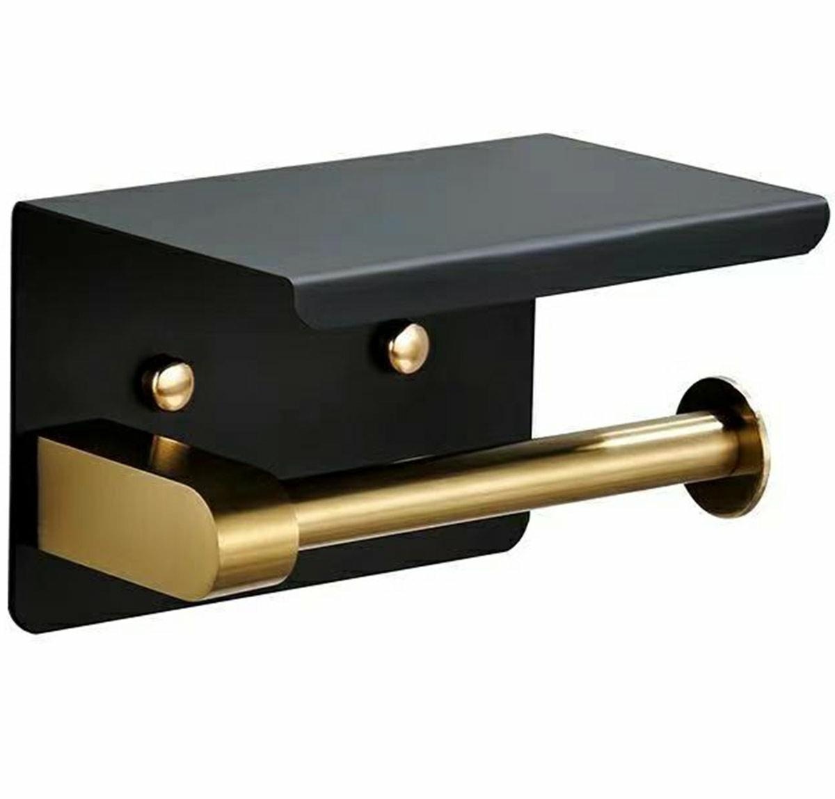 Suport pentru hartie igienica cu raft suplimentar, din otel, culoare neagra cu brat auriu FAVLine Selection