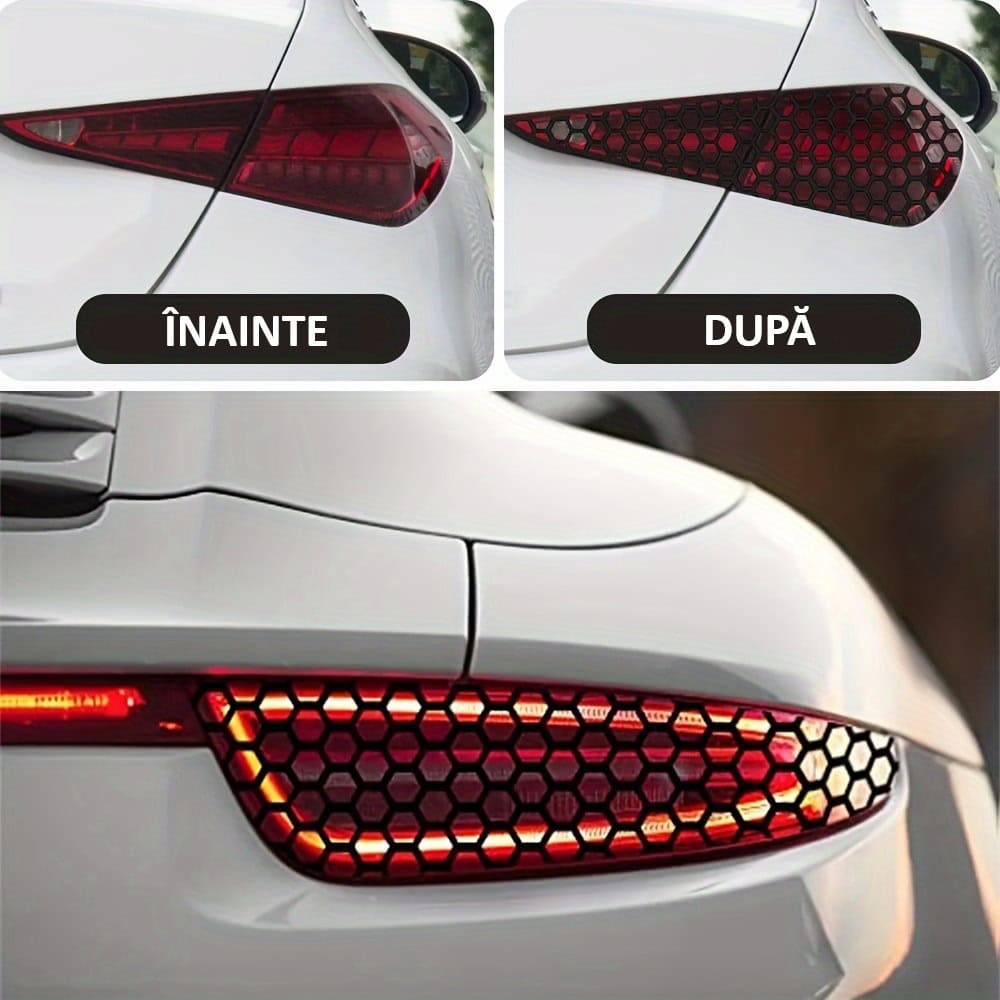 Set 2 folii autoadezive decupate pentru decorarea stopurilor auto, dimensiune 2 x 48 x 30cm, culoare Negru Mat, model HONEYCOMB FAVLine Selection