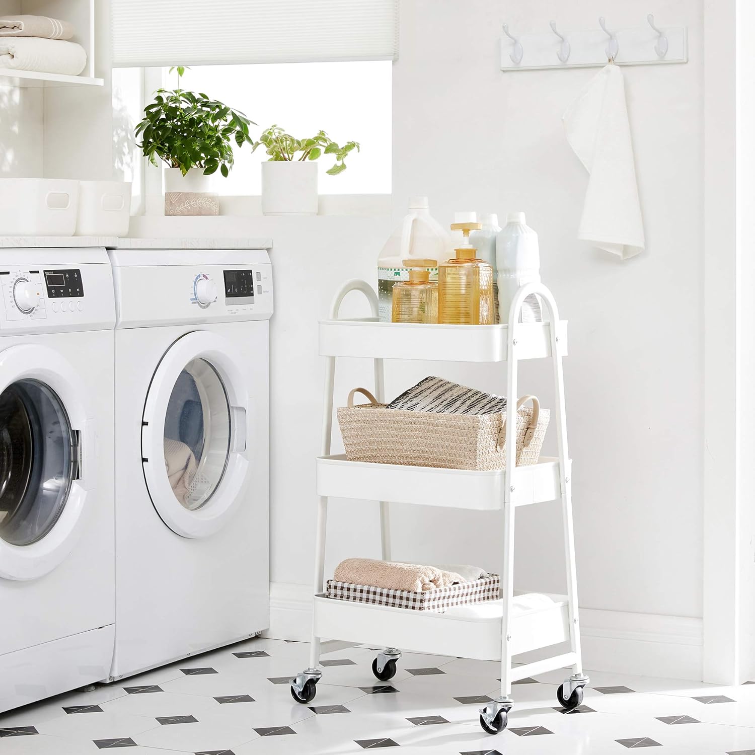 SONGMICS Carucior depozitare 3 niveluri cu roti si frane, structura metalica, 41x31x78 cm, alb Household NewTrend