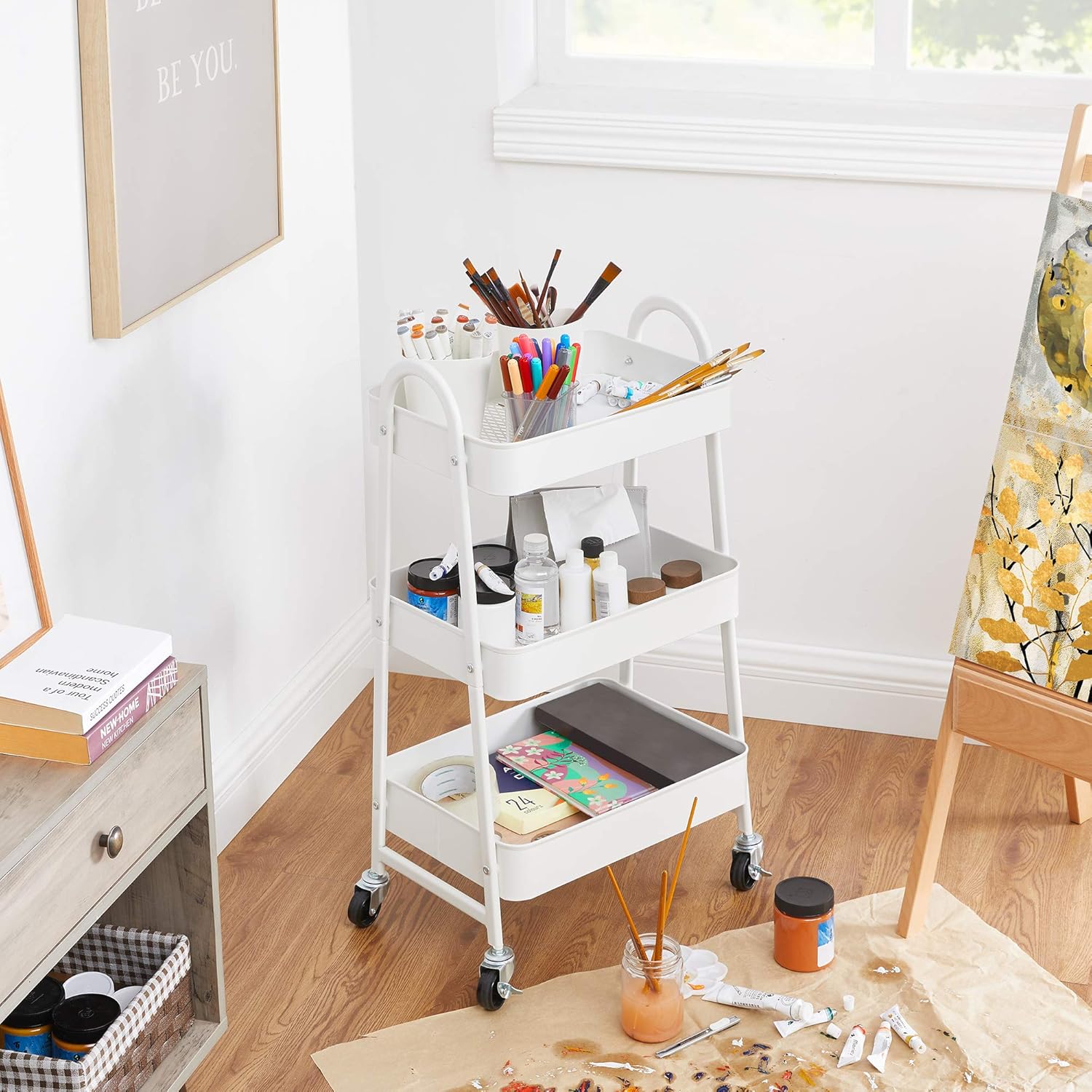 SONGMICS Carucior depozitare 3 niveluri cu roti si frane, structura metalica, 41x31x78 cm, alb Household NewTrend