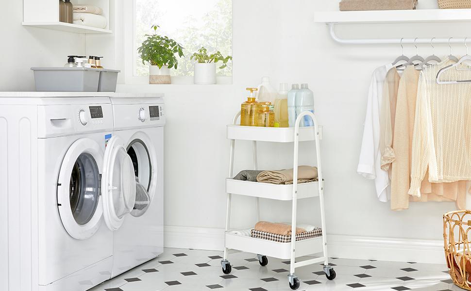 SONGMICS Carucior depozitare 3 niveluri cu roti si frane, structura metalica, 41x31x78 cm, alb Household NewTrend