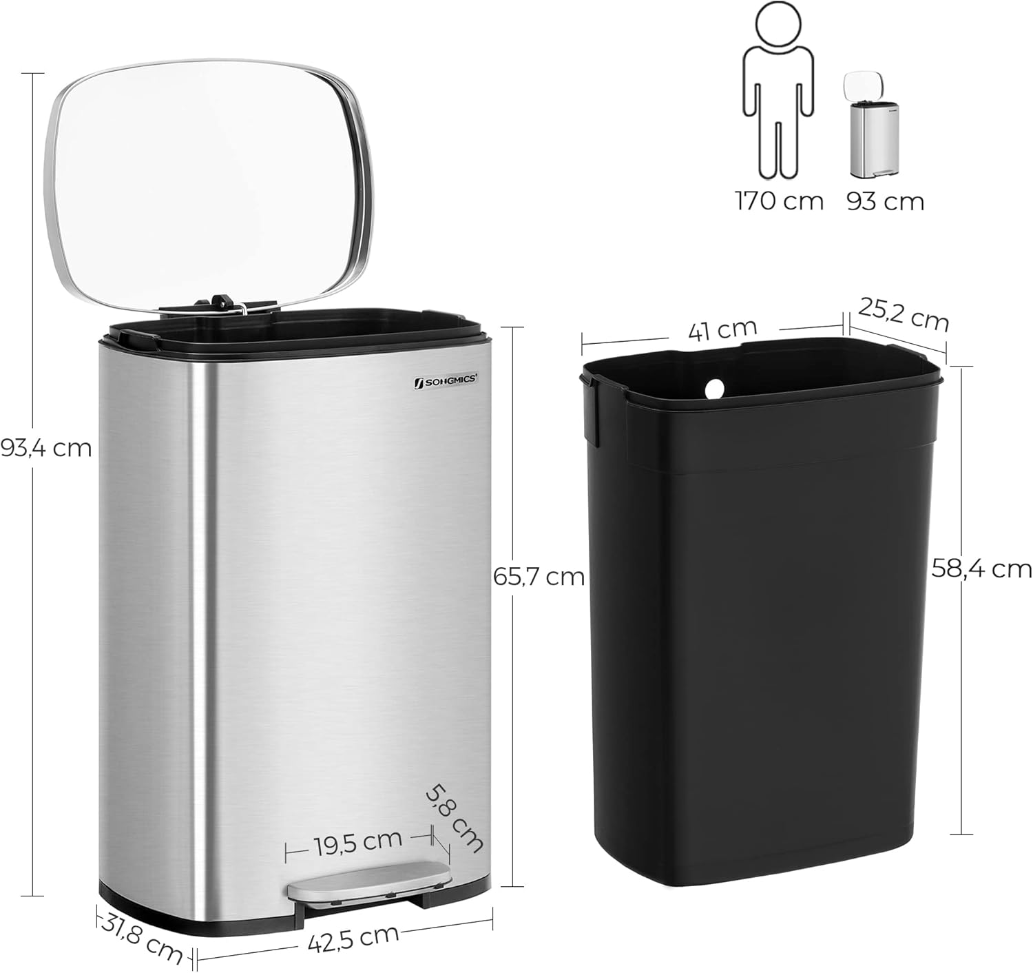 SONGMICS Cos de gunoi din otel, cu pedala si soft-close, galeata interioara, 50 litri, argintiu Household NewTrend