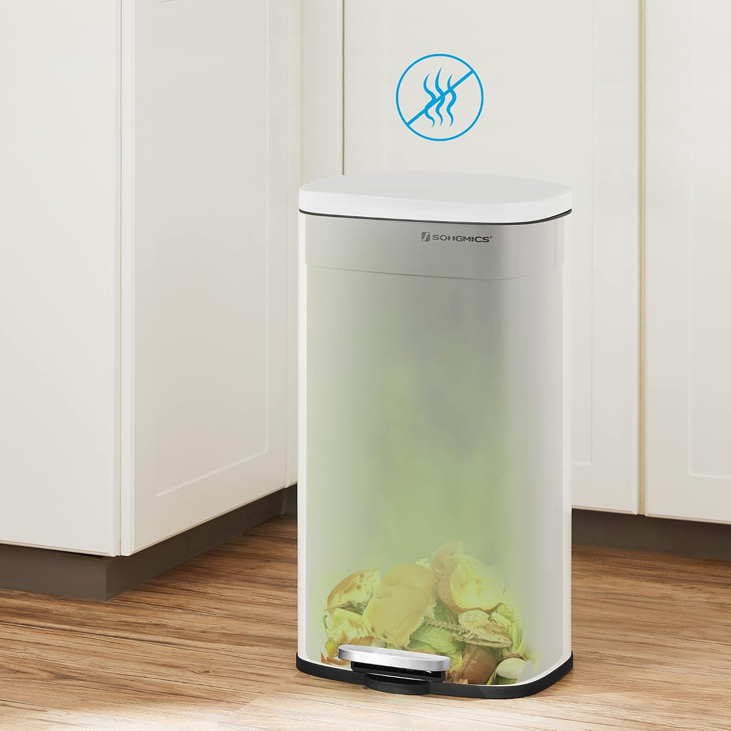 SONGMICS Cos de gunoi din otel cu pedala, galeata interioara plastic, capac inchidere lenta, 50L, 43x32x66cm, alb Household NewTrend