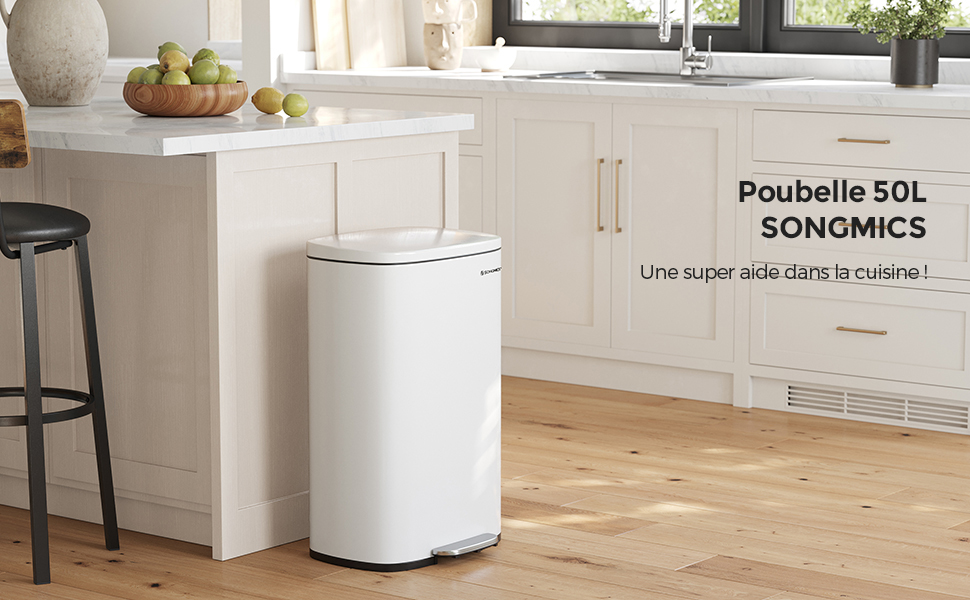 SONGMICS Cos de gunoi din otel cu pedala, galeata interioara plastic, capac inchidere lenta, 50L, 43x32x66cm, alb Household NewTrend