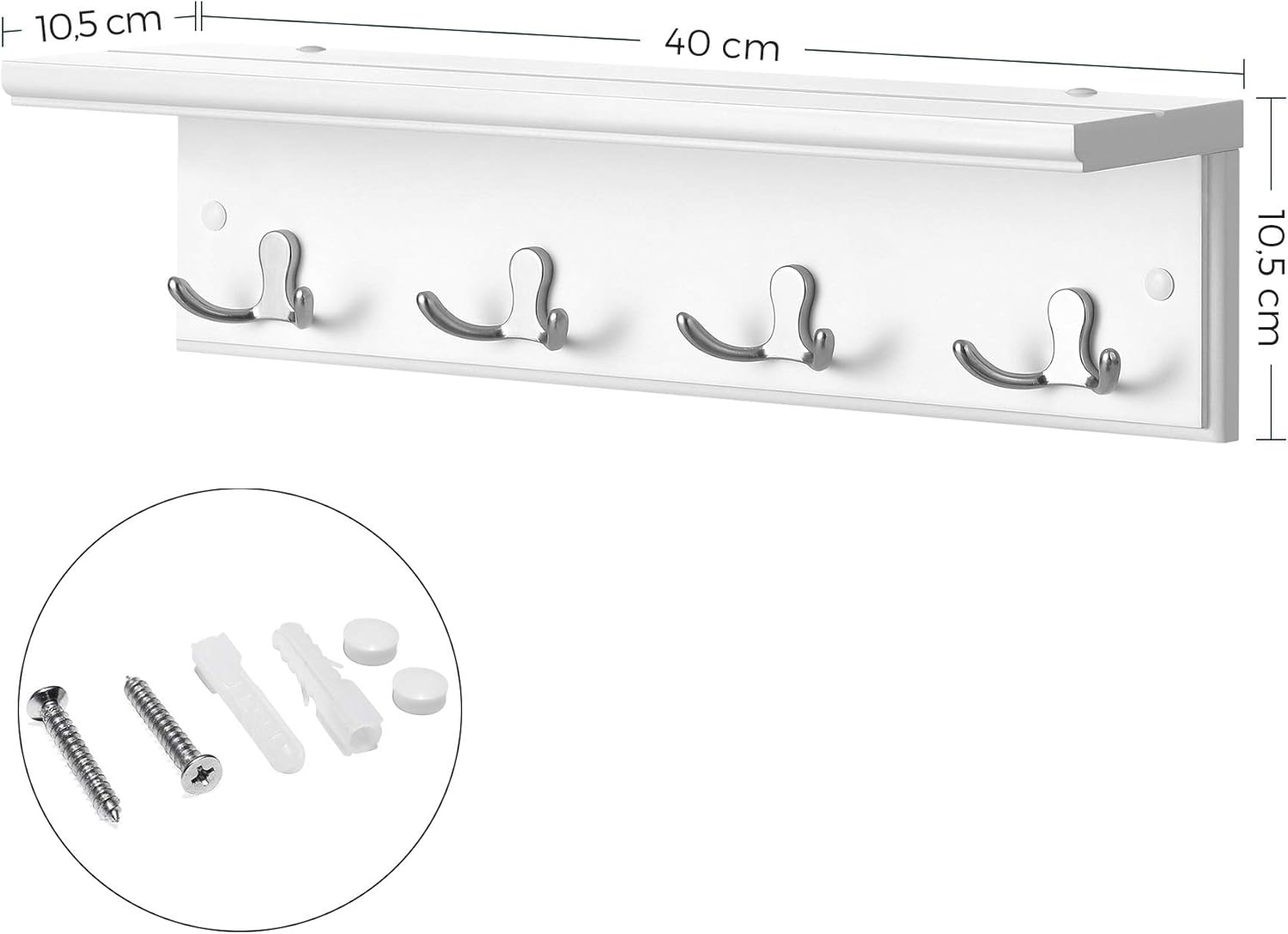 SONGMICS Cuier perete cu raft, 4 carlige duble metalice, MDF, 42x11x15 cm, alb Household NewTrend