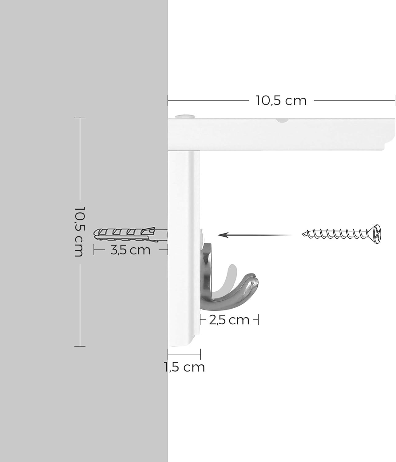 SONGMICS Cuier perete cu raft, 4 carlige duble metalice, MDF, 42x11x15 cm, alb Household NewTrend