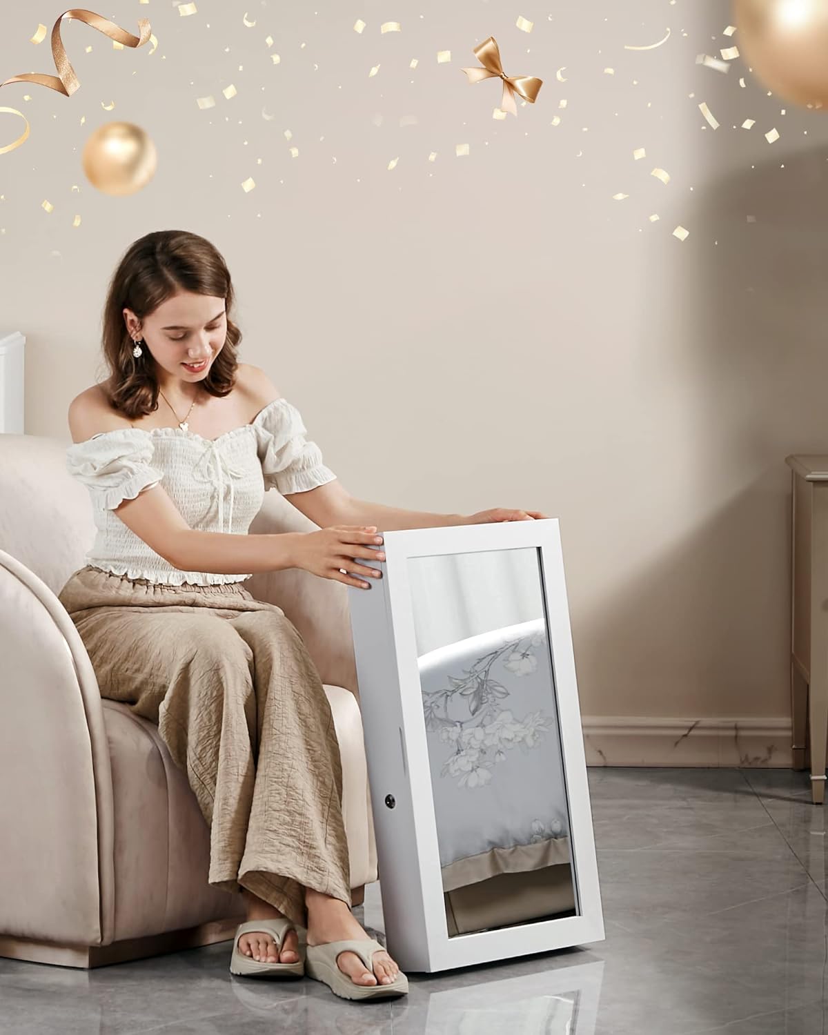 SONGMICS Dulap de bijuterii cu oglinda, montare pe perete, incuietoare, 37x11x67cm, alb Household NewTrend