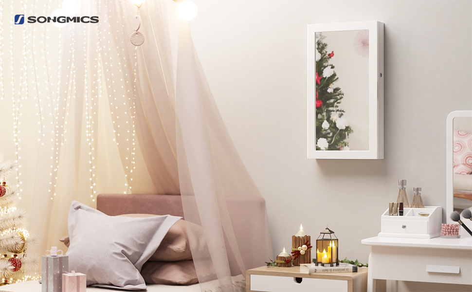SONGMICS Dulap de bijuterii cu oglinda, montare pe perete, incuietoare, 37x11x67cm, alb Household NewTrend