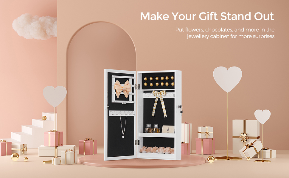 SONGMICS Dulap de bijuterii cu oglinda, montare pe perete, incuietoare, 37x11x67cm, alb Household NewTrend