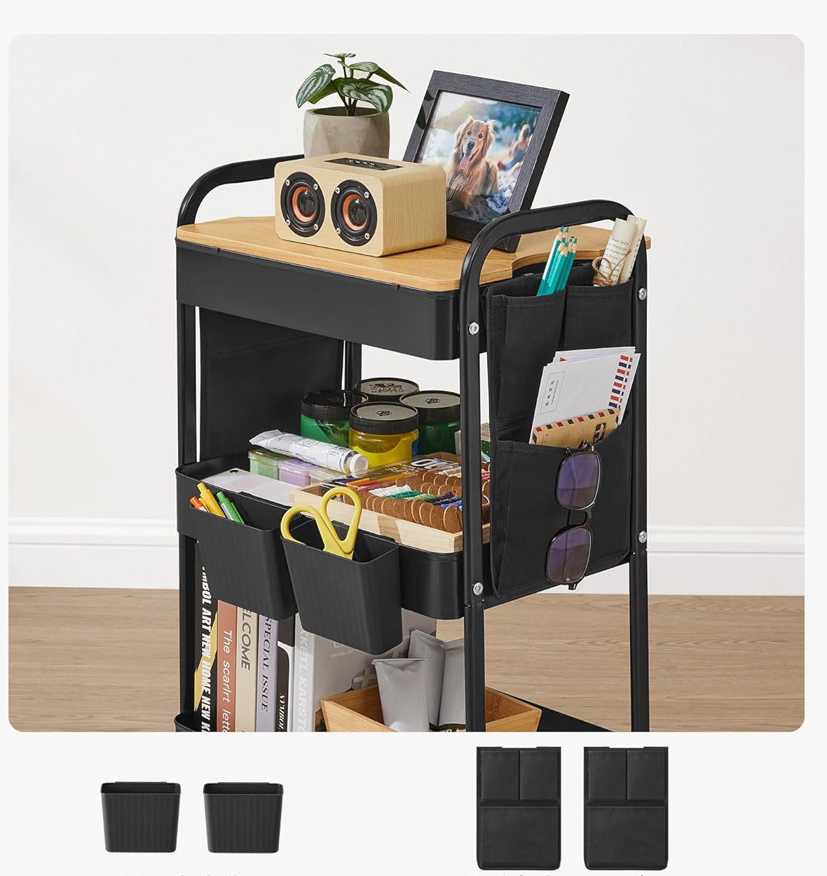 SONGMICS Raft de depozitare mobil tip carucior rulant, pentru baie sau bucatarie, cadru otel cu blat MDF, 31x44x74 cm, negru Household NewTrend