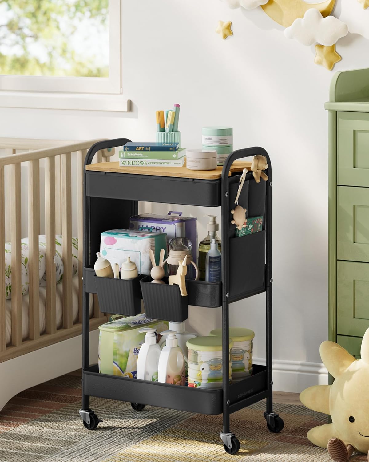 SONGMICS Raft de depozitare mobil tip carucior rulant, pentru baie sau bucatarie, cadru otel cu blat MDF, 31x44x74 cm, negru Household NewTrend