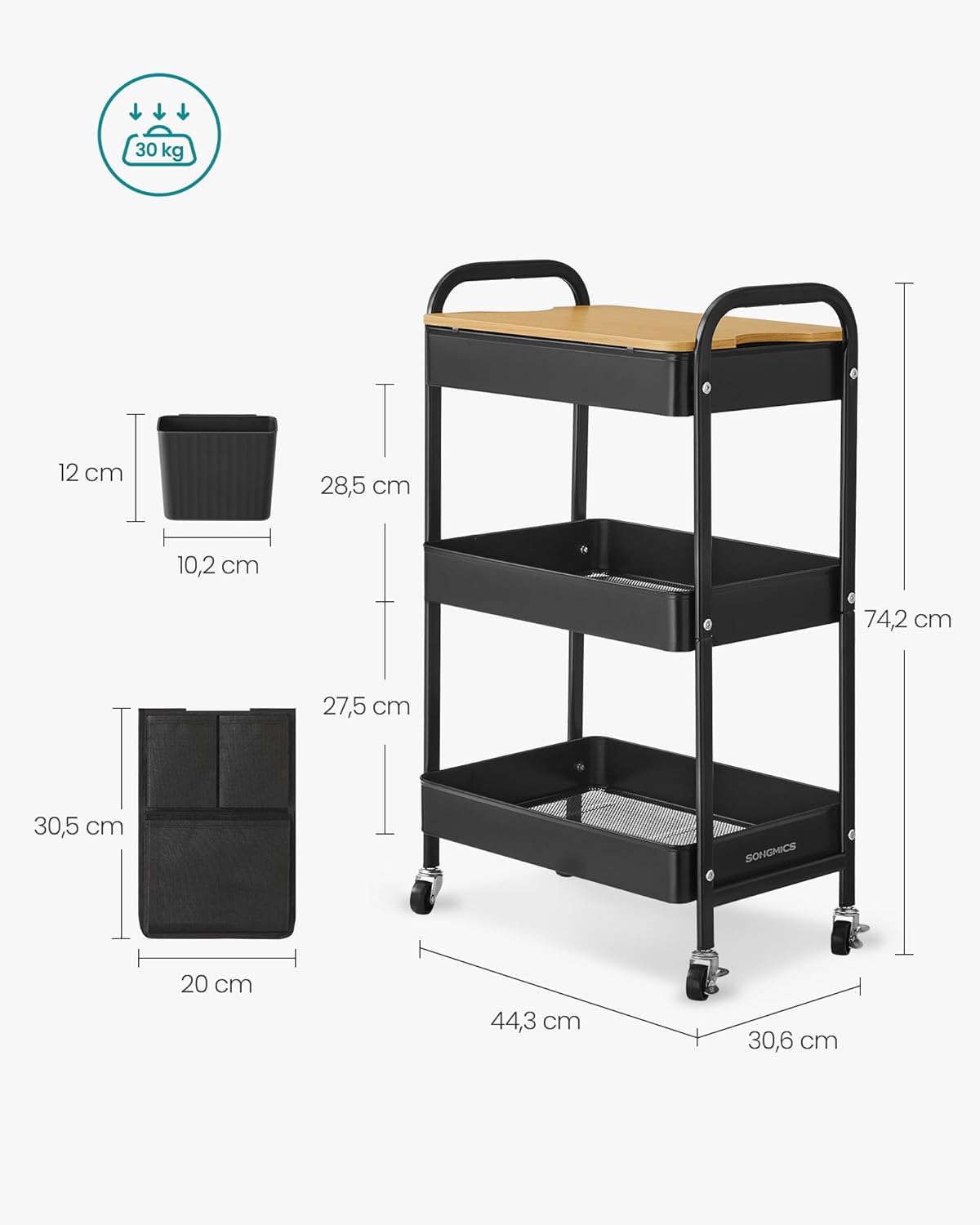 SONGMICS Raft de depozitare mobil tip carucior rulant, pentru baie sau bucatarie, cadru otel cu blat MDF, 31x44x74 cm, negru Household NewTrend