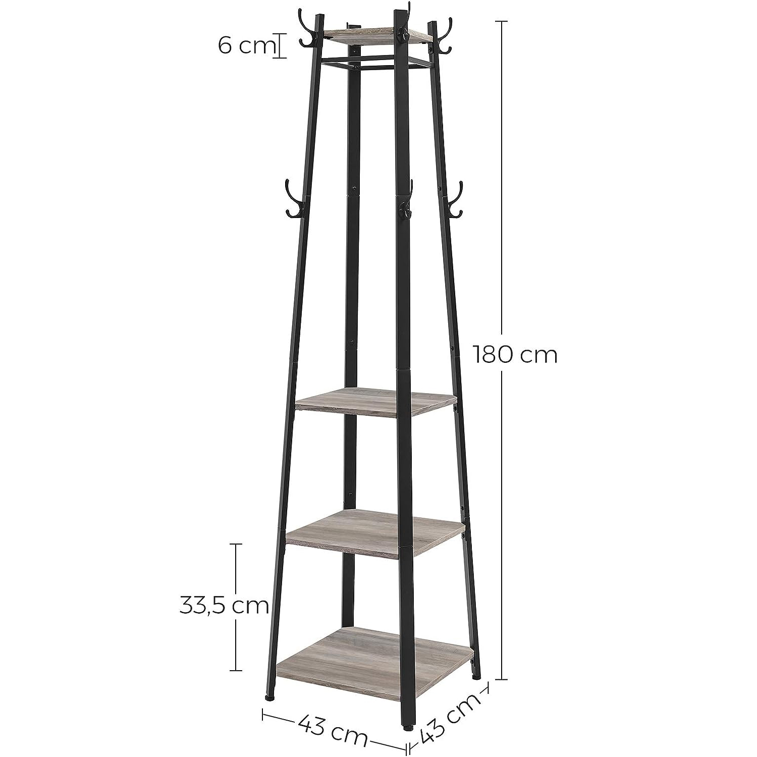 VASAGLE Cuier de haine cu 3 rafturi, suport cu carlige, din otel, 43x43x180 cm, stil industrial, gri si negru Household NewTrend