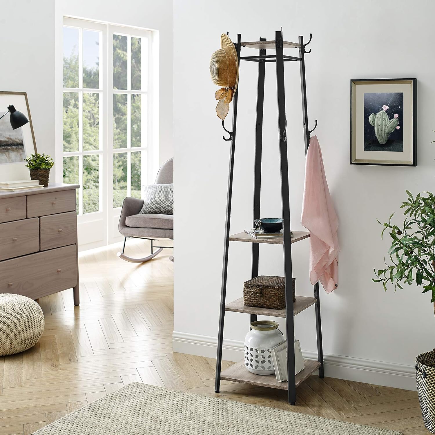 VASAGLE Cuier de haine cu 3 rafturi, suport cu carlige, din otel, 43x43x180 cm, stil industrial, gri si negru Household NewTrend